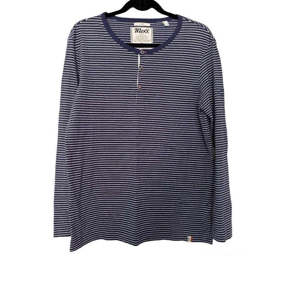 MEXX Women's Blue and White Striped Long Sleeve SZ Large Slim Fit 3 Button Basic
